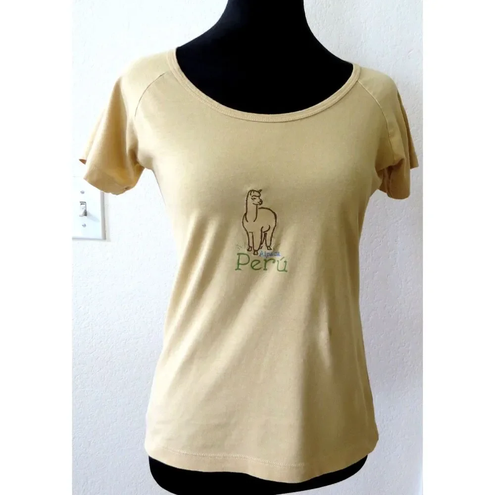 Morpho Peru Alpaca  Women's Embroidered T shirt  Goldenrod   Small EUC - Picture 2 of 7
